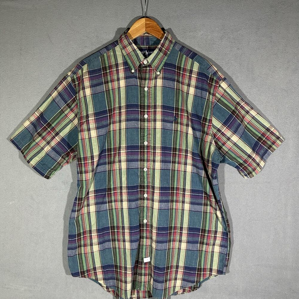 Polo Ralph Lauren Shirt Men L Madras Plaid Classic Fit Short Sleeve Button Down